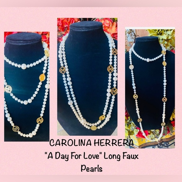 Carolina Herrera Collection long Pearl with Gold polished logo CHCH